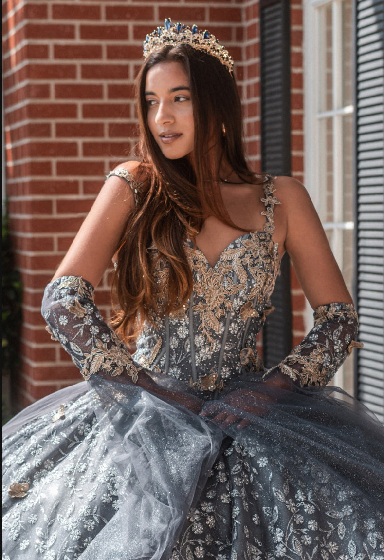 Metallic 3-D Butterfly Big Ribbon Mesh Ball Gown w/ Waist Drape. GL3318 GLS by Gloria