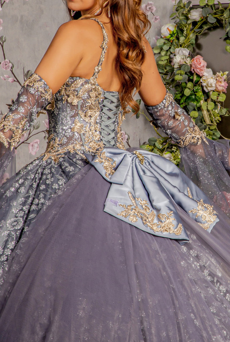 Metallic 3-D Butterfly Big Ribbon Mesh Ball Gown w/ Waist Drape. GL3318 GLS by Gloria