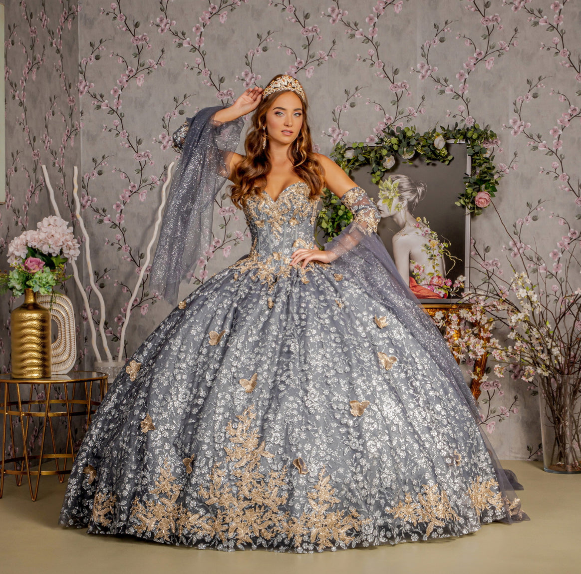 Metallic 3-D Butterfly Big Ribbon Mesh Ball Gown w/ Waist Drape. GL3318 GLS by Gloria