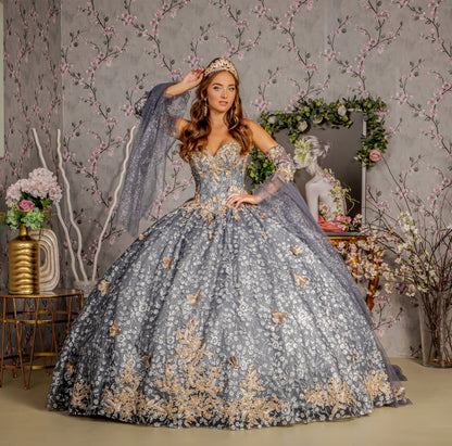 Metallic 3-D Butterfly Big Ribbon Mesh Ball Gown w/ Waist Drape. GL3318 GLS by Gloria