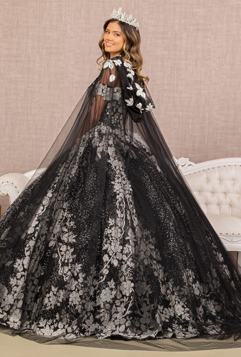 Floral Pattern Glitter Quinceanera Gown w/ Long Mesh Cape. GL3168 GLS by Elizabeth K