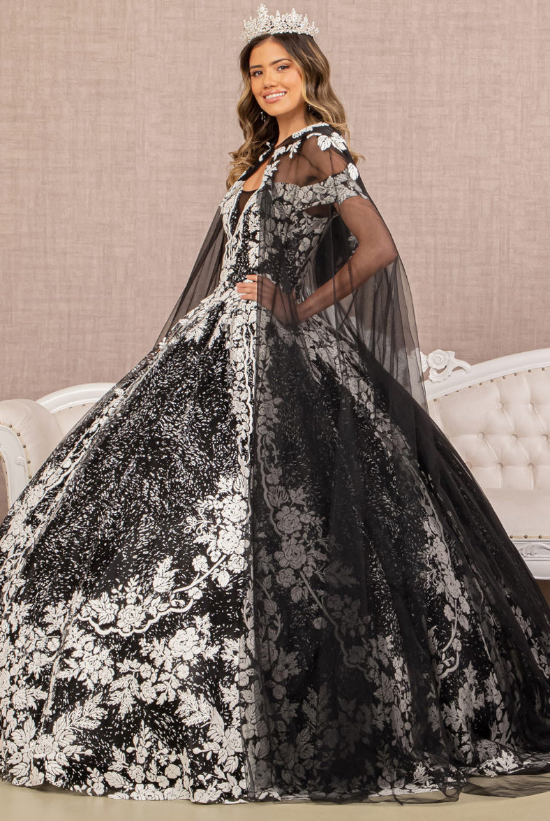Floral Pattern Glitter Quinceanera Gown w/ Long Mesh Cape. GL3168 GLS by Elizabeth K
