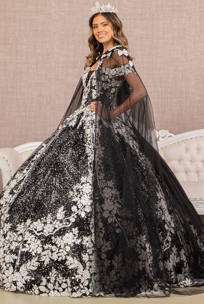 Floral Pattern Glitter Quinceanera Gown w/ Long Mesh Cape. GL3168 GLS by Elizabeth K