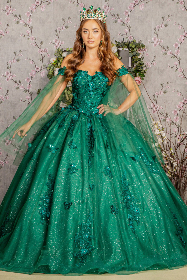 Jewel Glitter Mesh Quincenera Gown w/ Detachable Side Mesh Drapes. GL3181 GLS by Elizabeth K