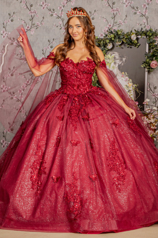 Jewel Glitter Mesh Quincenera Gown w/ Detachable Side Mesh Drapes. GL3181 GLS by Elizabeth K