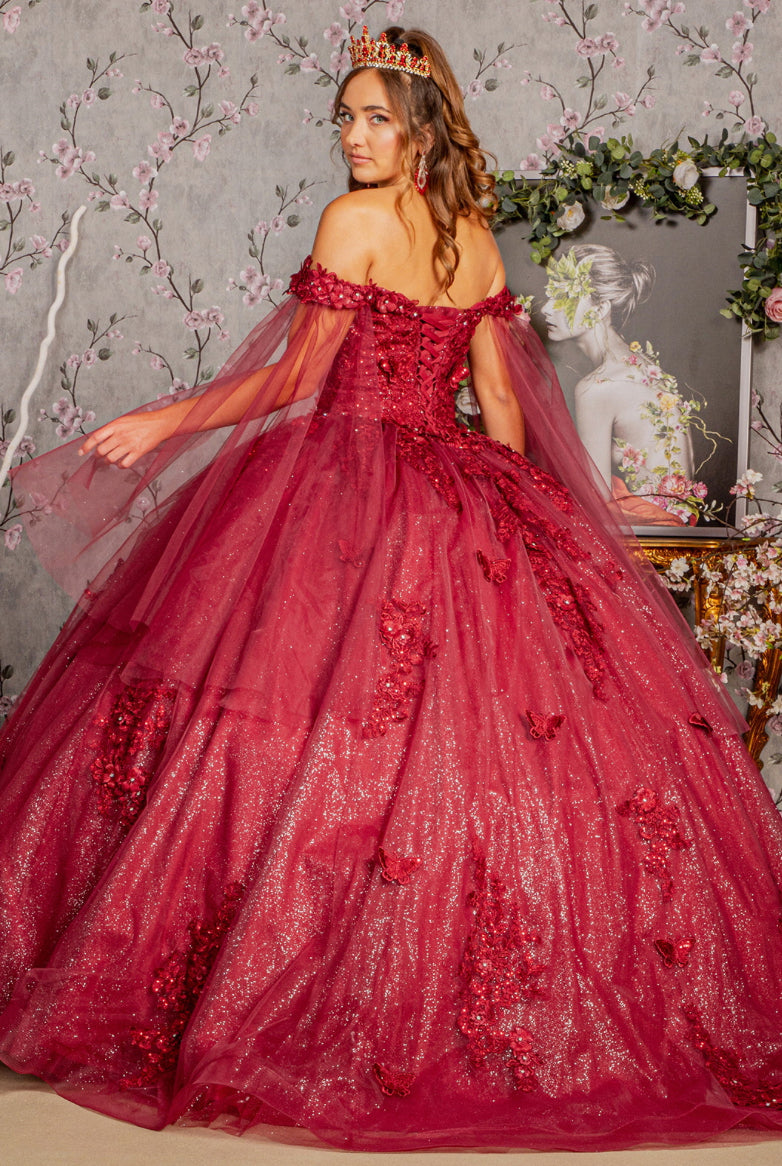 Jewel Glitter Mesh Quincenera Gown w/ Detachable Side Mesh Drapes. GL3181 GLS by Elizabeth K
