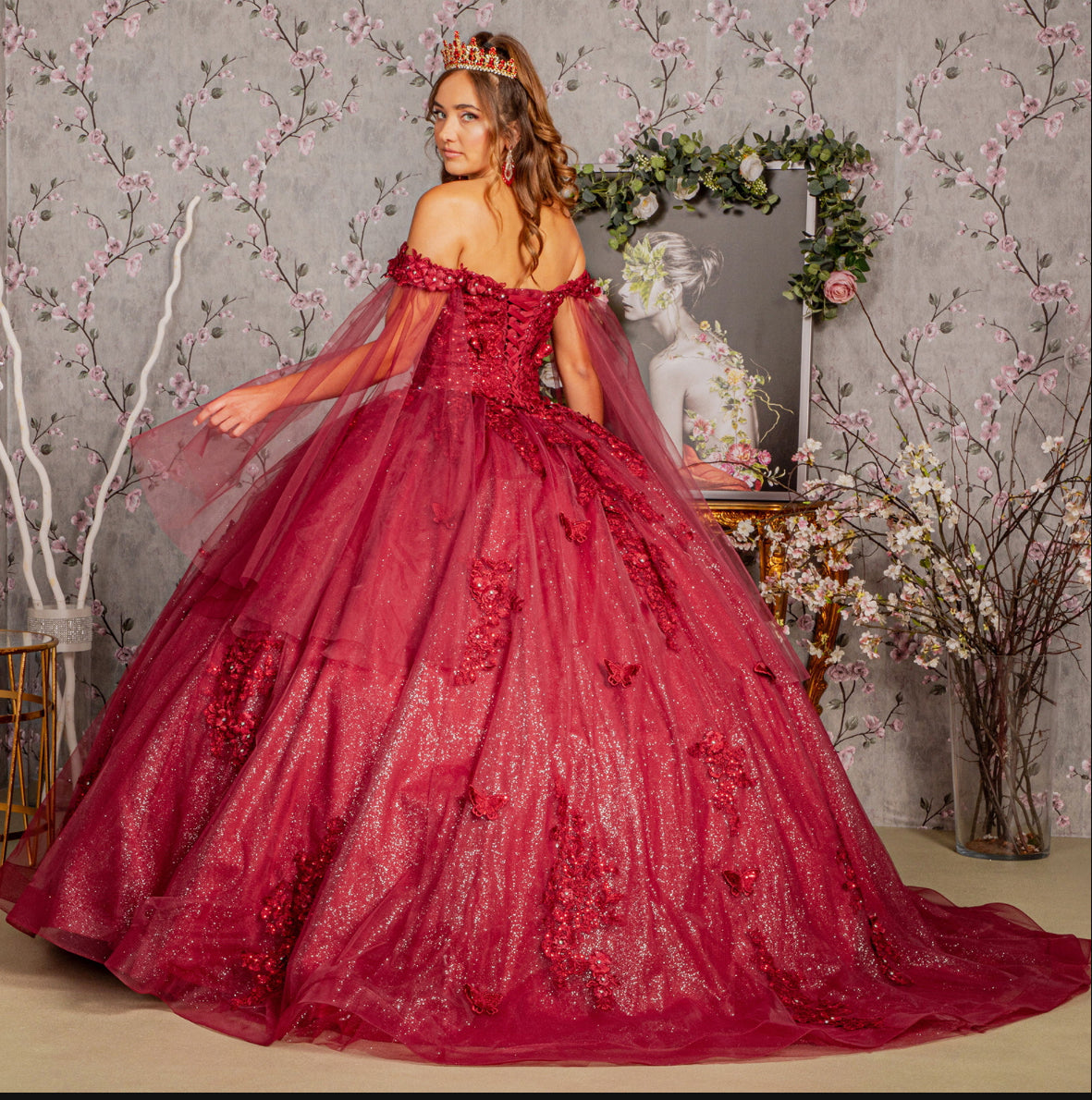 Jewel Glitter Mesh Quincenera Gown w/ Detachable Side Mesh Drapes. GL3181 GLS by Elizabeth K