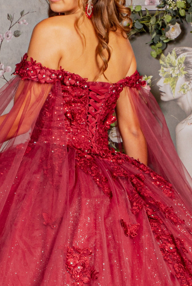 Jewel Glitter Mesh Quincenera Gown w/ Detachable Side Mesh Drapes. GL3181 GLS by Elizabeth K