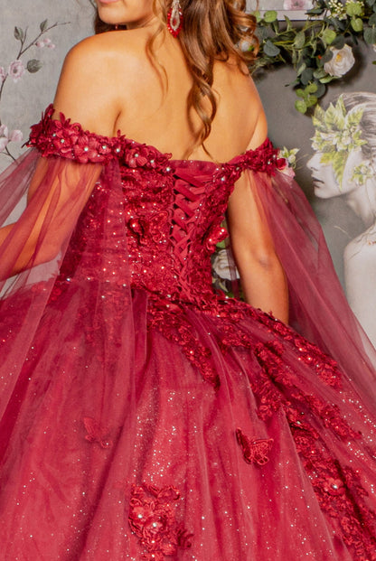 Jewel Glitter Mesh Quincenera Gown w/ Detachable Side Mesh Drapes. GL3181 GLS by Elizabeth K