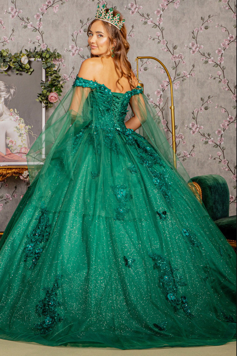 Jewel Glitter Mesh Quincenera Gown w/ Detachable Side Mesh Drapes. GL3181 GLS by Elizabeth K