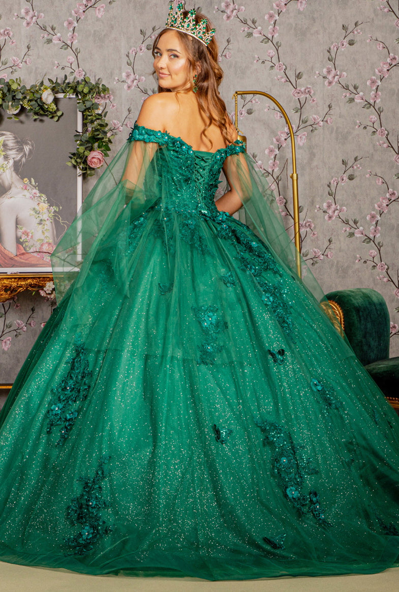 Jewel Glitter Mesh Quincenera Gown w/ Detachable Side Mesh Drapes. GL3181 GLS by Elizabeth K