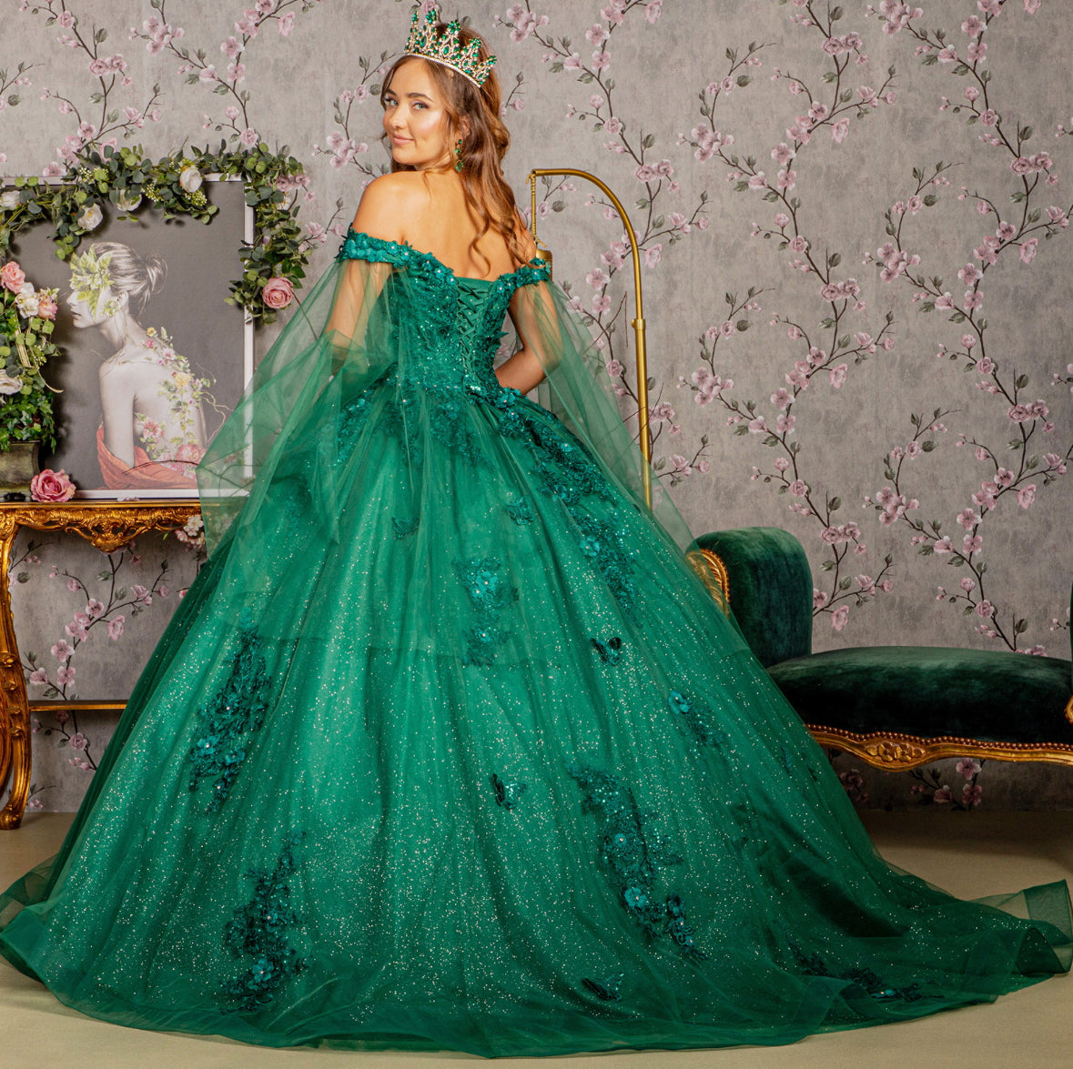 Jewel Glitter Mesh Quincenera Gown w/ Detachable Side Mesh Drapes. GL3181 GLS by Elizabeth K
