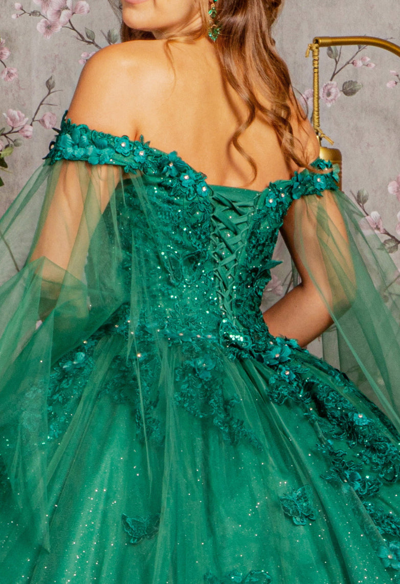 Jewel Glitter Mesh Quincenera Gown w/ Detachable Side Mesh Drapes. GL3181 GLS by Elizabeth K