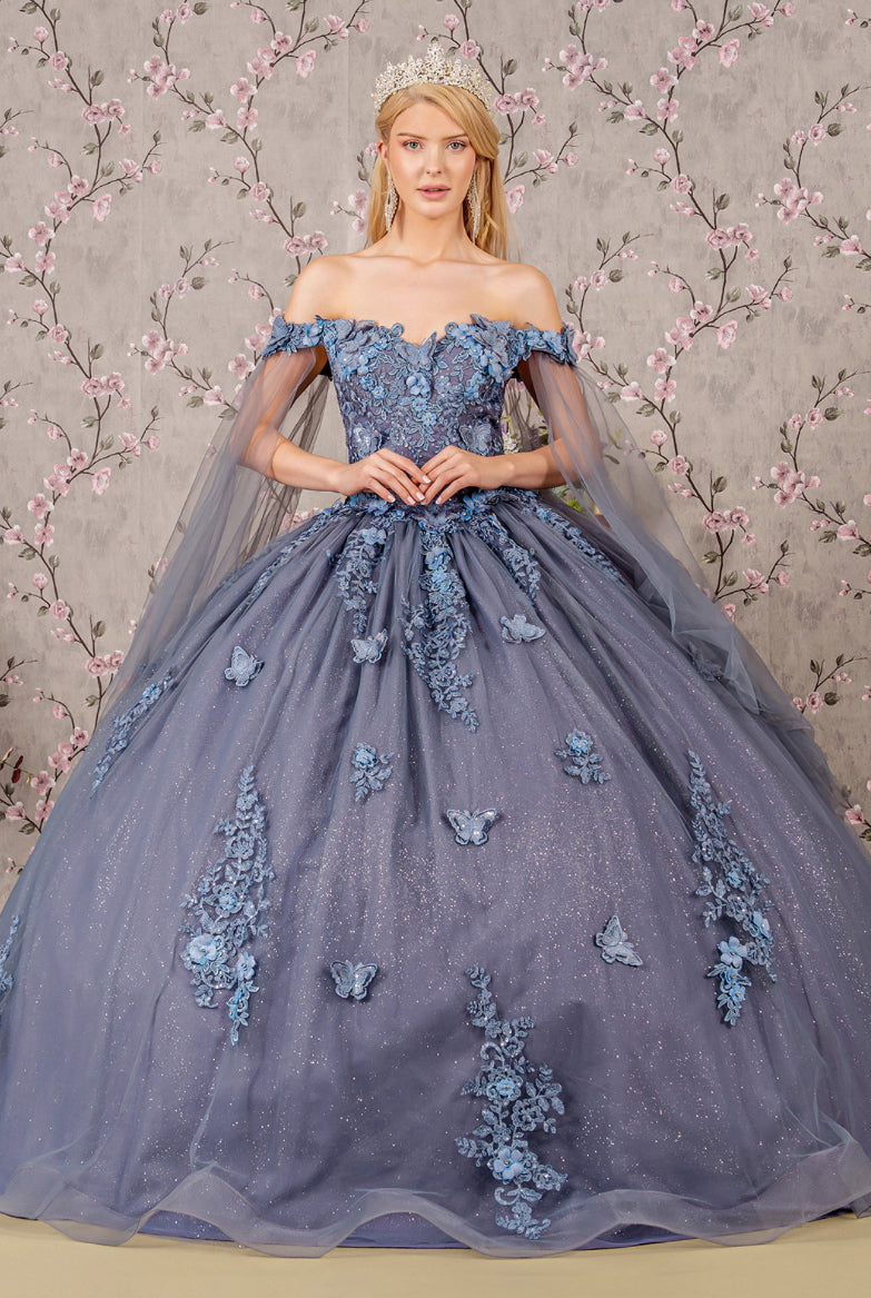 Jewel Glitter Mesh Quincenera Gown w/ Detachable Side Mesh Drapes. GL3181 GLS by Elizabeth K