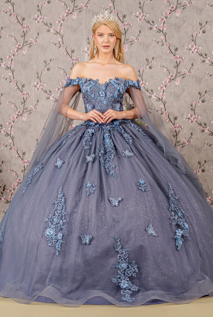 Jewel Glitter Mesh Quincenera Gown w/ Detachable Side Mesh Drapes. GL3181 GLS by Elizabeth K