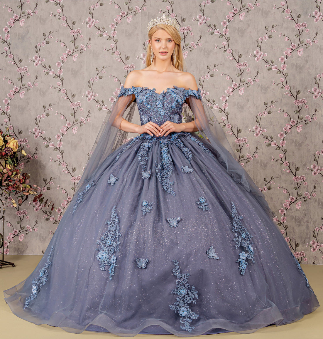Jewel Glitter Mesh Quincenera Gown w/ Detachable Side Mesh Drapes. GL3181 GLS by Elizabeth K