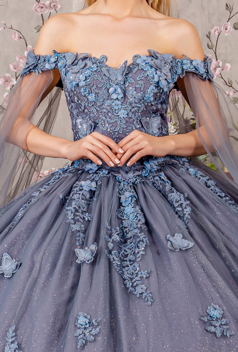Jewel Glitter Mesh Quincenera Gown w/ Detachable Side Mesh Drapes. GL3181 GLS by Elizabeth K