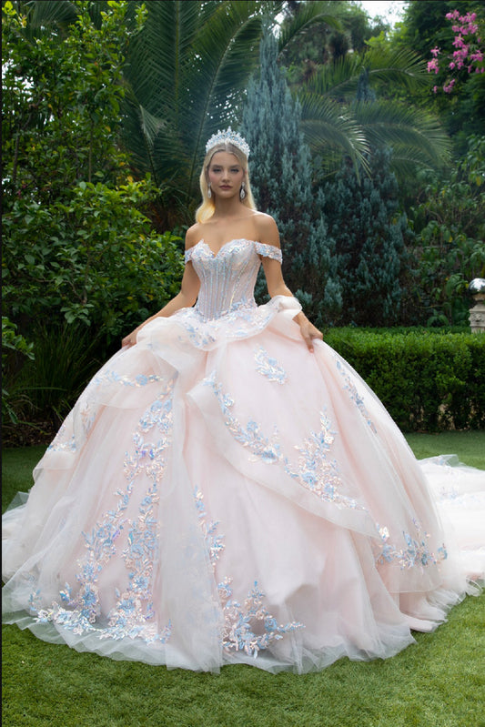 Ball gown has a v-neckline corset bodice that has a bead GL3596 GLS by Gloria