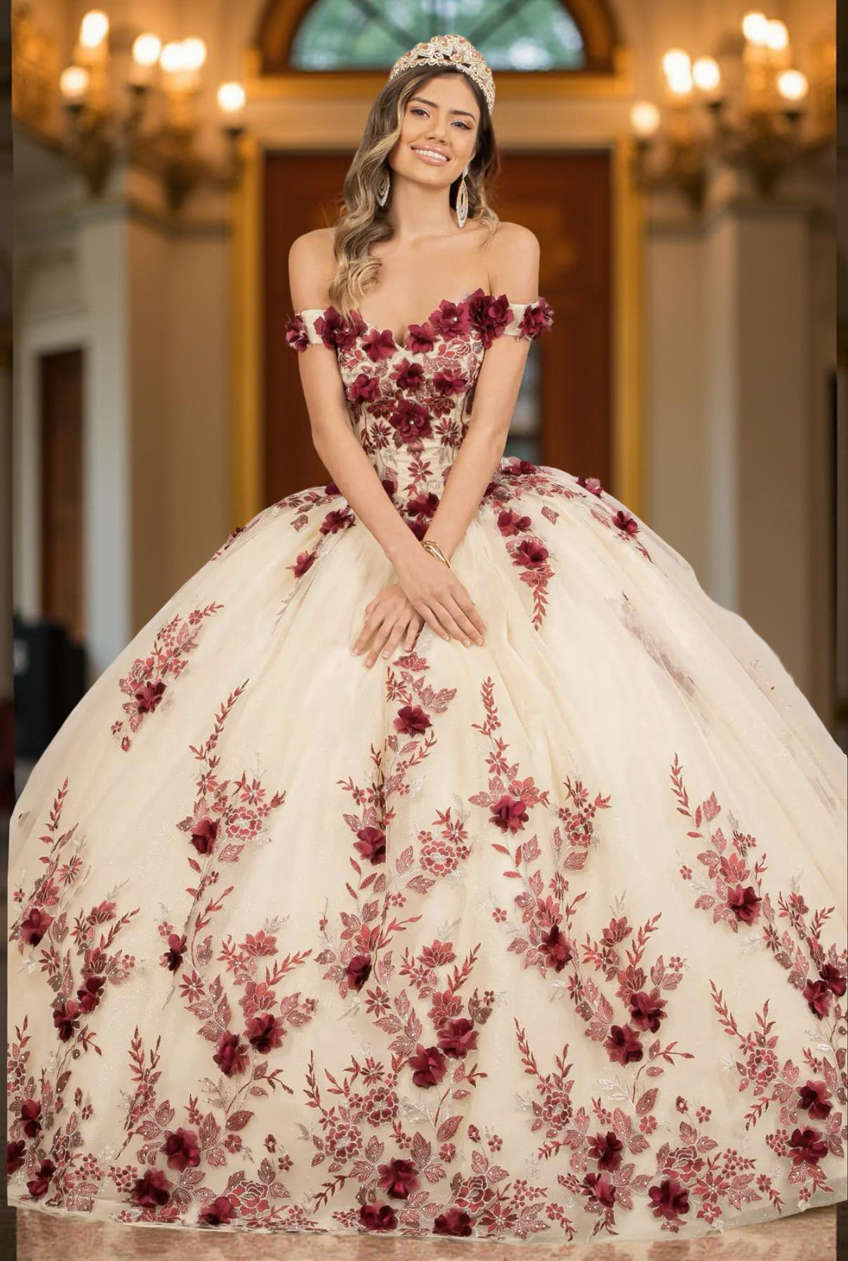 3D Flower Quinceañera Gown off shoulder. Gl3105(GLS) by Elizabeth K
