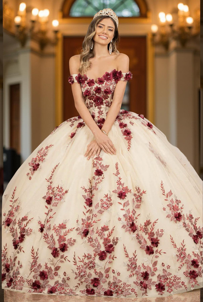 3D Flower Quinceañera Gown off shoulder. Gl3105(GLS) by Elizabeth K
