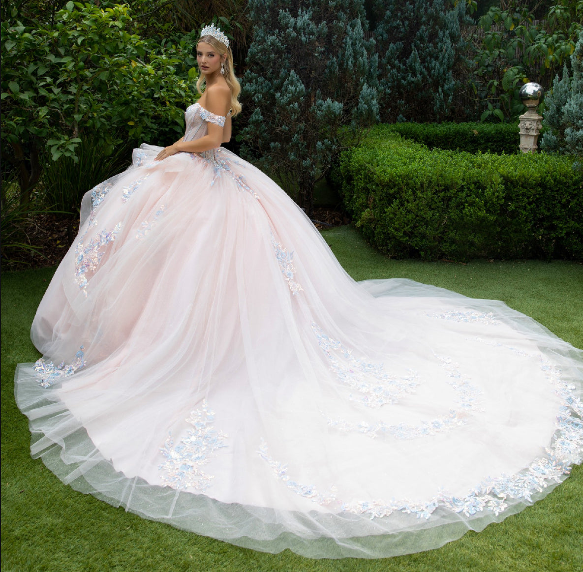 Ball gown has a v-neckline corset bodice that has a bead GL3596 GLS by Gloria