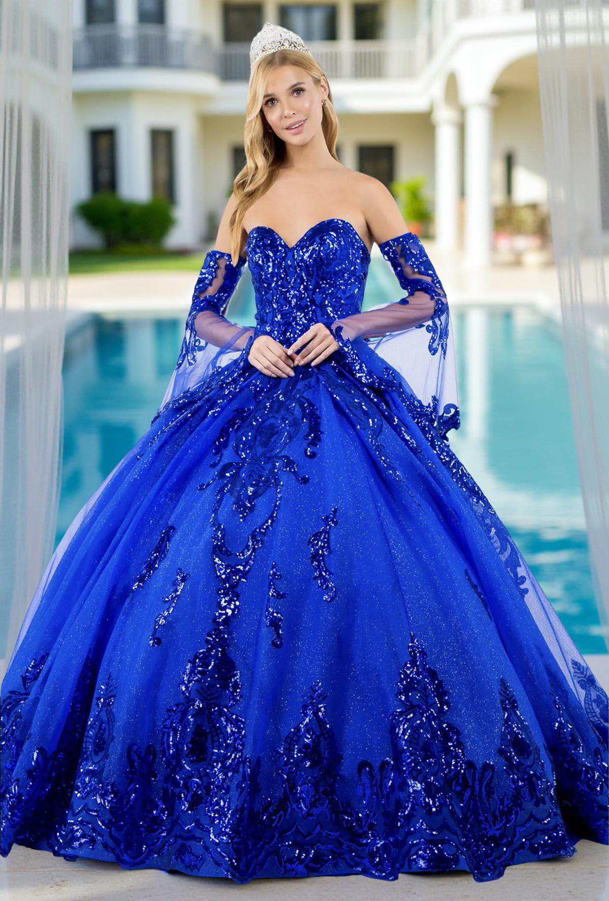 Sequin Embellished Glitter Mesh Quinceanera Dress w/ Detached Mesh Sleeve by Elizabeth K GL1914 (GLS COLLECTIVE)