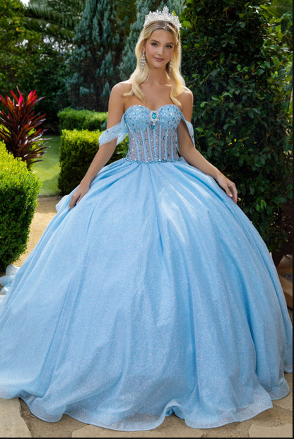 Featuring an off-shoulder, sweetheart neckline, bejeweled, corset bodice in the front.  GL3527 GLS by Gloria