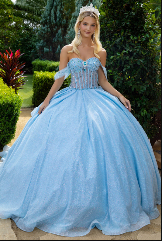 Featuring an off-shoulder, sweetheart neckline, bejeweled, corset bodice in the front.  GL3527 GLS by Gloria