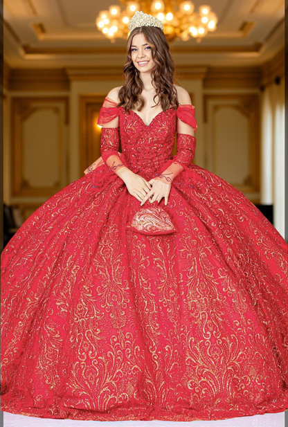 Jewel Mesh Quinceanera Dress w/ Mini Bag and Separate Long Sleeves by Elizabeth K GL3073  (GLS COLLECTIVE)