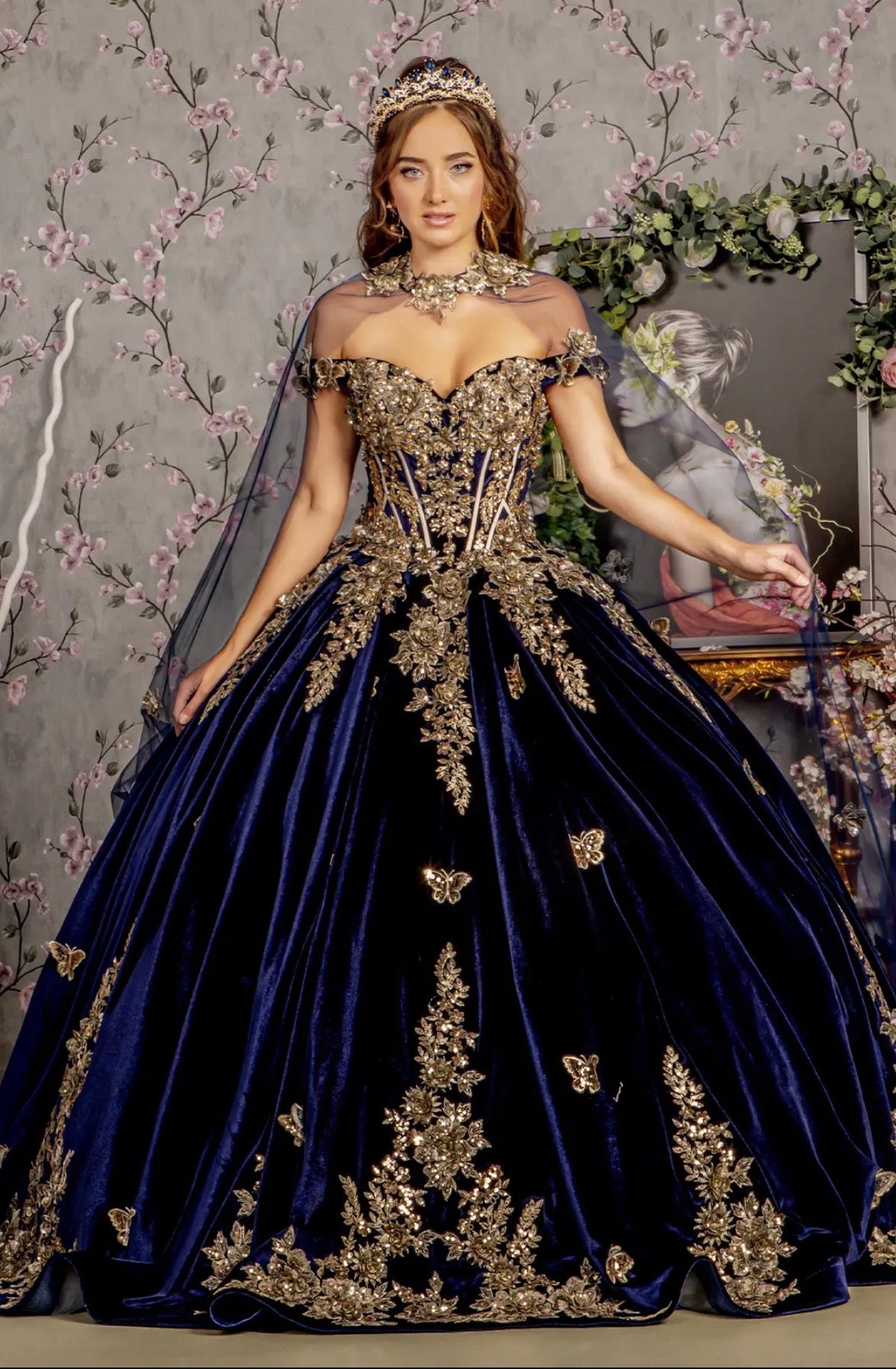 Metallic Embroidery Jewel Velvet Ball Gown w/ Long Mesh Cape. Gl3471 GLS by Gloria