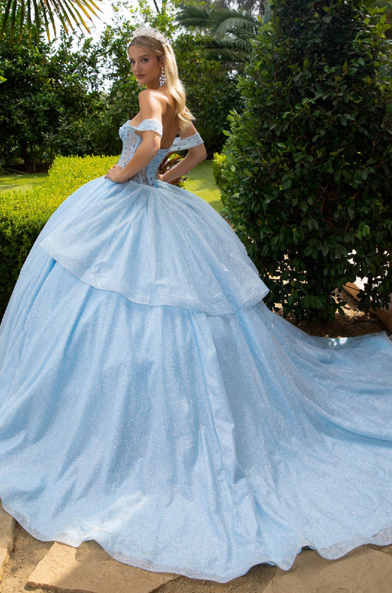 Featuring an off-shoulder, sweetheart neckline, bejeweled, corset bodice in the front.  GL3527 GLS by Gloria