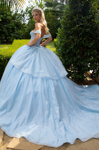 Featuring an off-shoulder, sweetheart neckline, bejeweled, corset bodice in the front.  GL3527 GLS by Gloria
