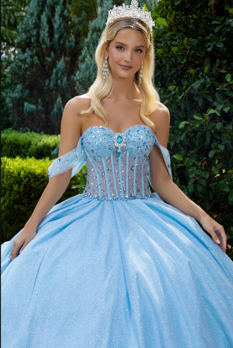 Featuring an off-shoulder, sweetheart neckline, bejeweled, corset bodice in the front.  GL3527 GLS by Gloria