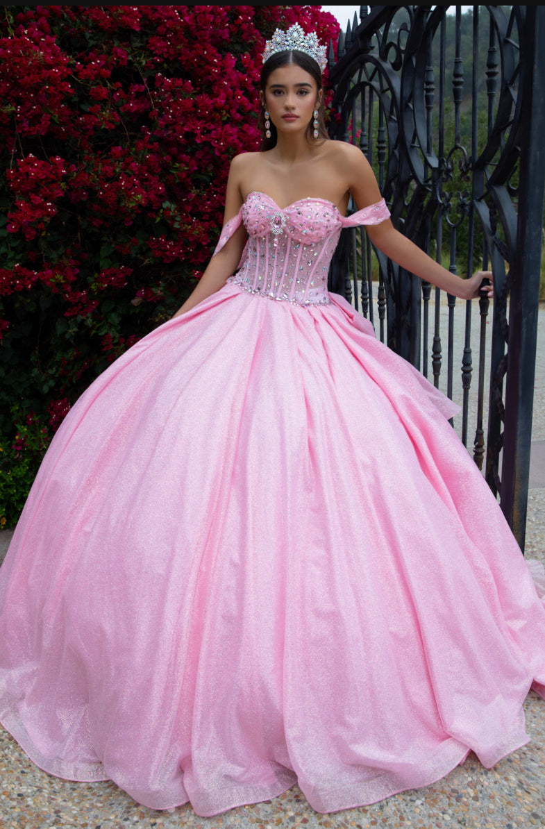 Featuring an off-shoulder, sweetheart neckline, bejeweled, corset bodice in the front.  GL3527 GLS by Gloria