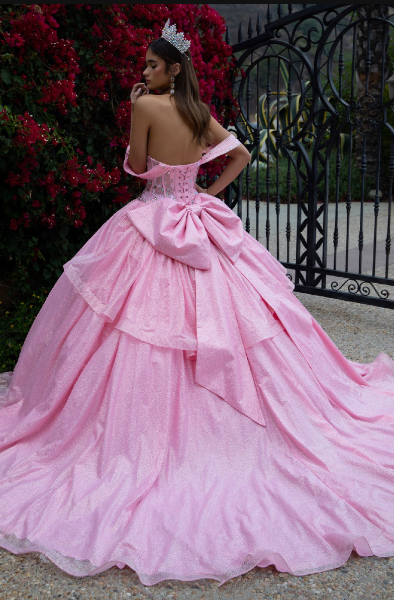 Featuring an off-shoulder, sweetheart neckline, bejeweled, corset bodice in the front.  GL3527 GLS by Gloria