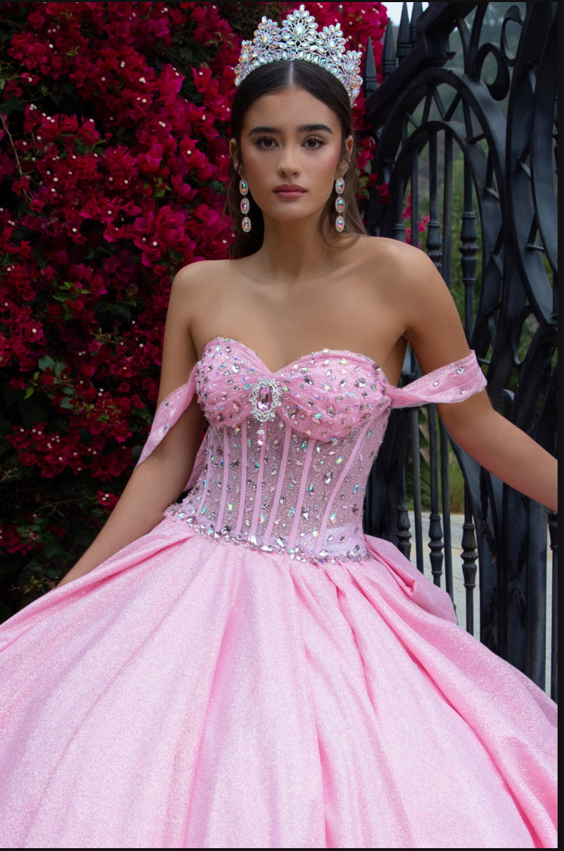 Featuring an off-shoulder, sweetheart neckline, bejeweled, corset bodice in the front.  GL3527 GLS by Gloria