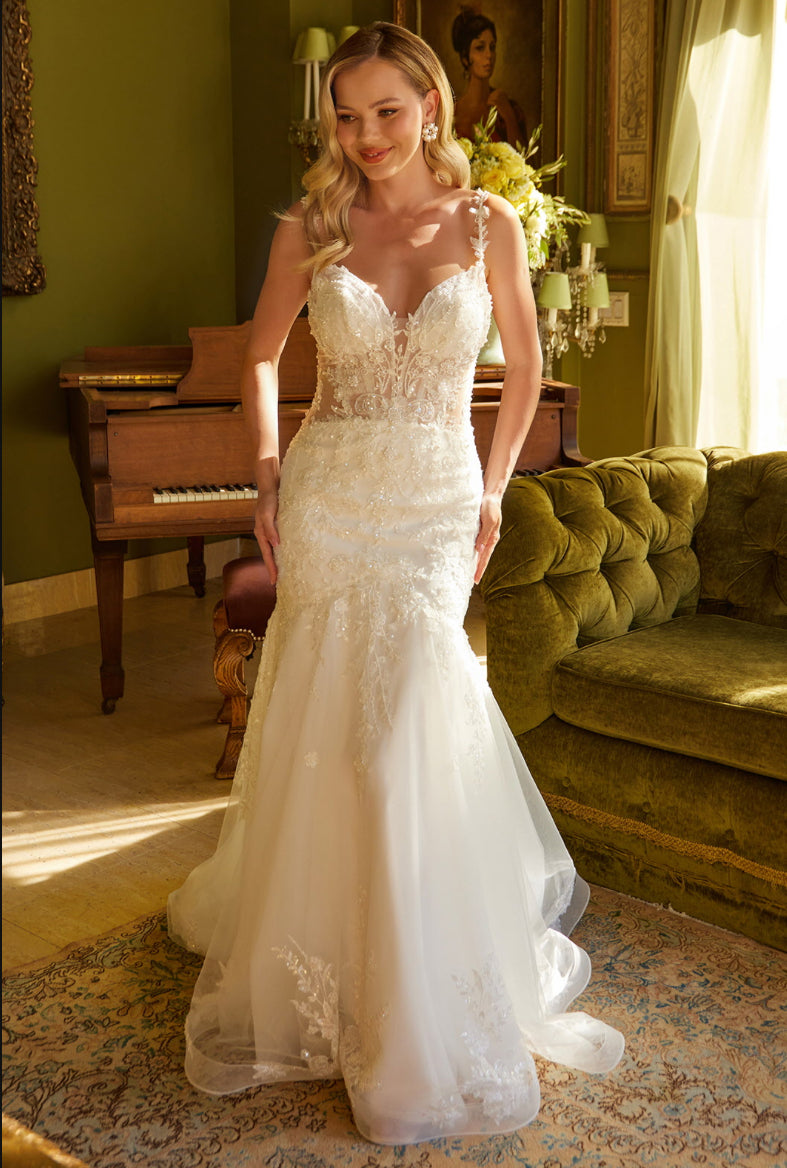 This mermaid silhouette wedding dress is embellished with beads, sequins and floral embroidery. GL3601 GLS by Gloria