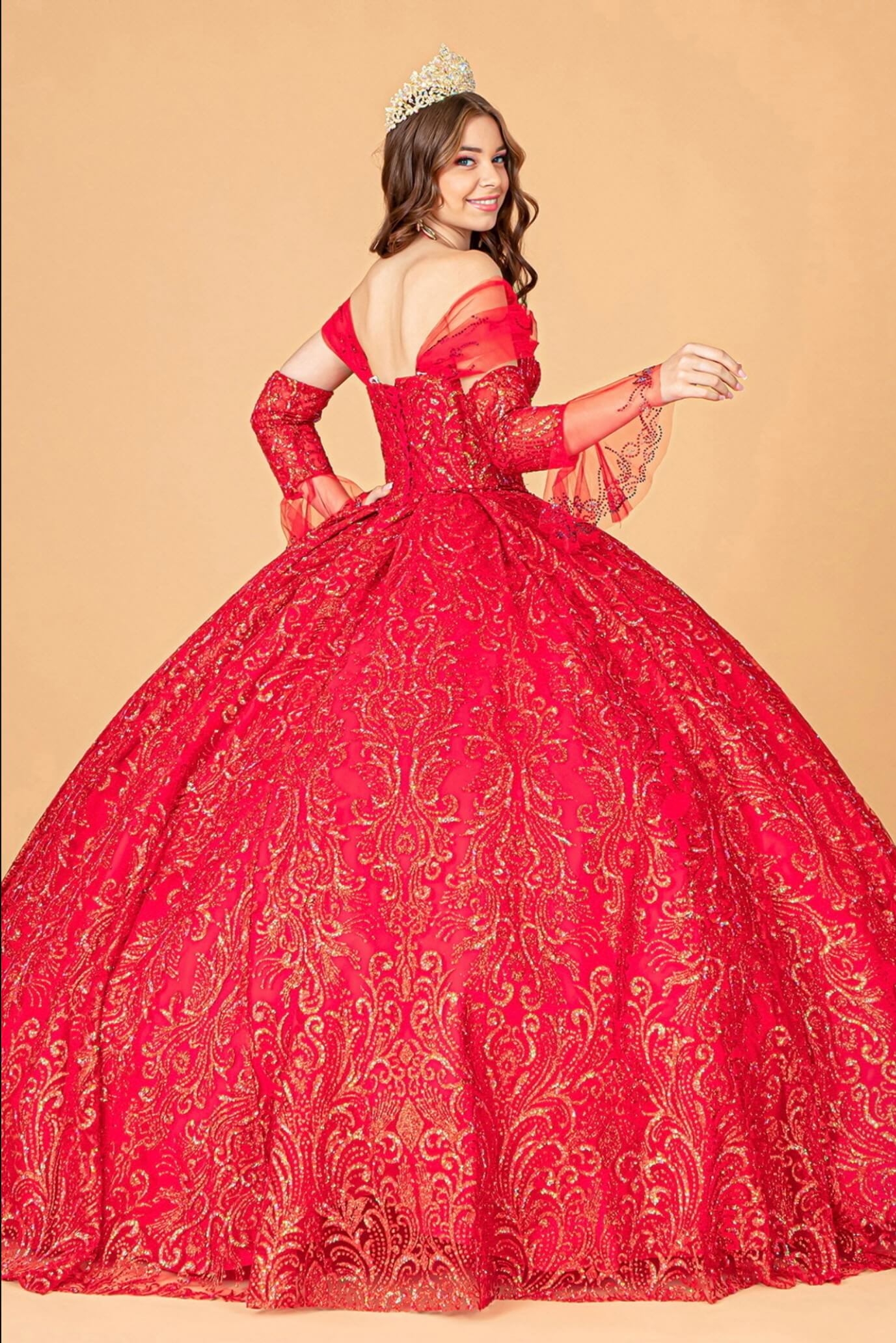 Jewel Mesh Quinceanera Dress w/ Mini Bag and Separate Long Sleeves by Elizabeth K GL3073  (GLS COLLECTIVE)