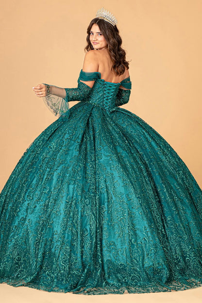 Jewel Mesh Quinceanera Dress w/ Mini Bag and Separate Long Sleeves by Elizabeth K GL3073  (GLS COLLECTIVE)