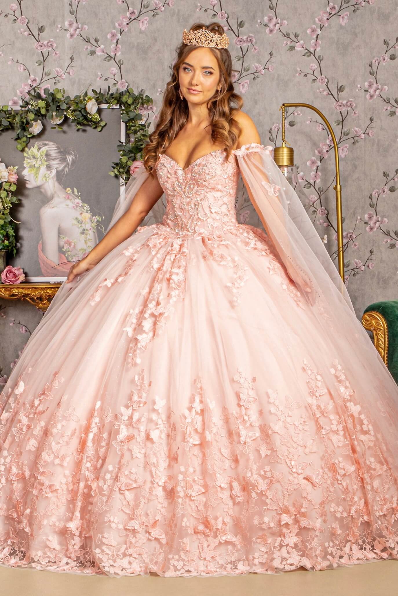3D Butterfly Applique Glitter Quinceanera Gown w/ Long Mesh Layer GL3110 (GLS) by Elizabeth K