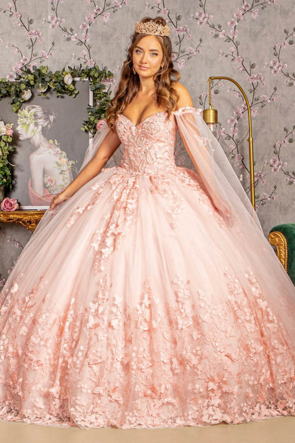 3D Butterfly Applique Glitter Quinceanera Gown w/ Long Mesh Layer GL3110 (GLS) by Elizabeth K