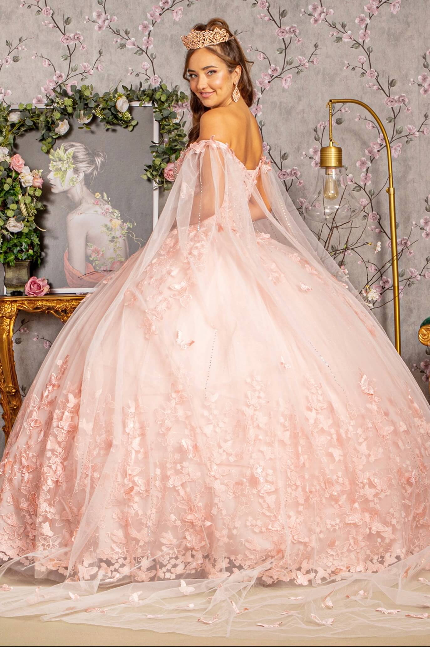 3D Butterfly Applique Glitter Quinceanera Gown w/ Long Mesh Layer GL3110 (GLS) by Elizabeth K