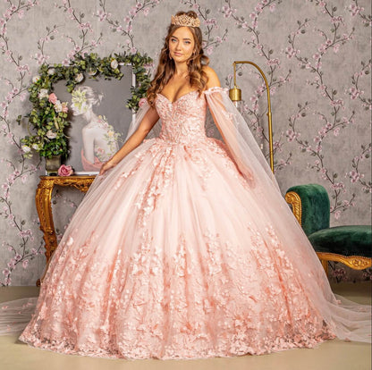 3D Butterfly Applique Glitter Quinceanera Gown w/ Long Mesh Layer GL3110 (GLS) by Elizabeth K