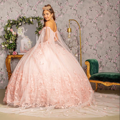 3D Butterfly Applique Glitter Quinceanera Gown w/ Long Mesh Layer GL3110 (GLS) by Elizabeth K