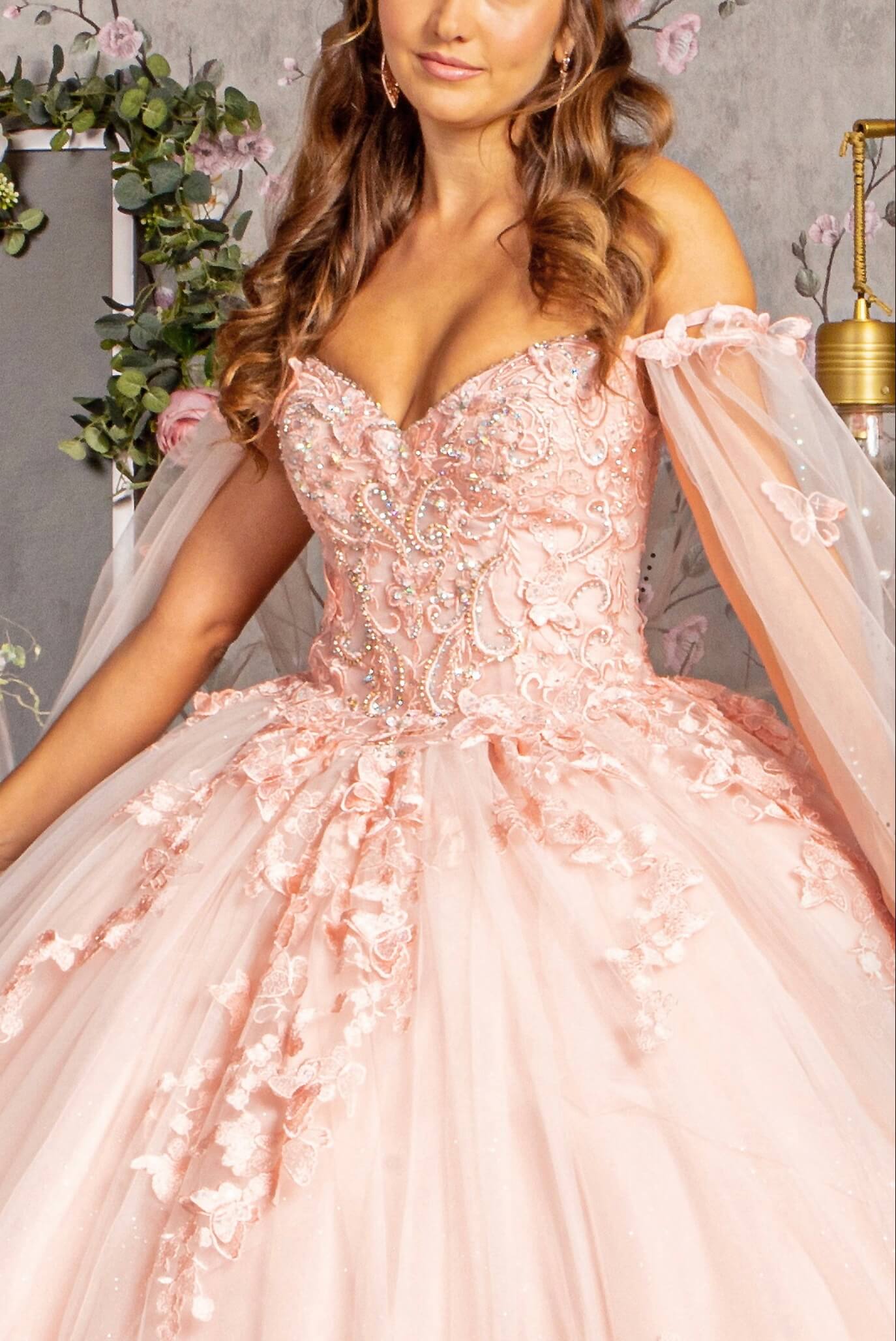 3D Butterfly Applique Glitter Quinceanera Gown w/ Long Mesh Layer GL3110 (GLS) by Elizabeth K