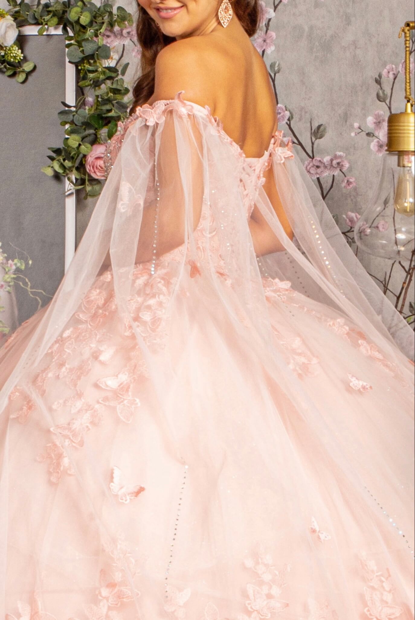 3D Butterfly Applique Glitter Quinceanera Gown w/ Long Mesh Layer GL3110 (GLS) by Elizabeth K