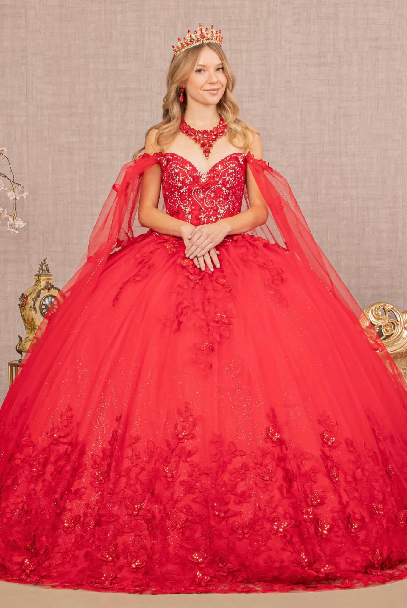 3D Butterfly Applique Glitter Quinceanera Gown w/ Long Mesh Layer GL3110 (GLS) by Elizabeth K