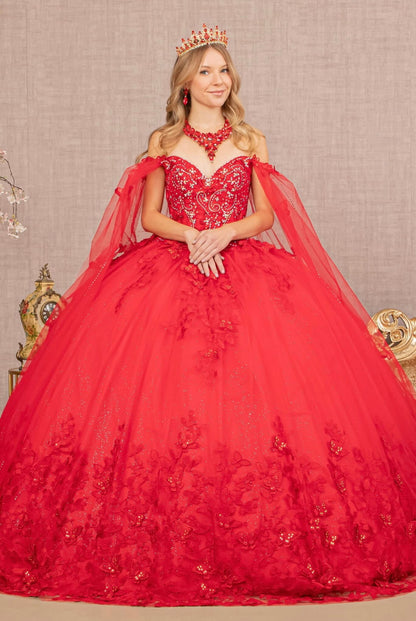 3D Butterfly Applique Glitter Quinceanera Gown w/ Long Mesh Layer GL3110 (GLS) by Elizabeth K