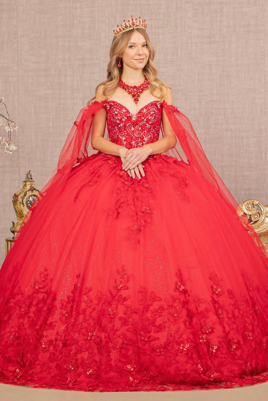 3D Butterfly Applique Glitter Quinceanera Gown w/ Long Mesh Layer GL3110 (GLS) by Elizabeth K