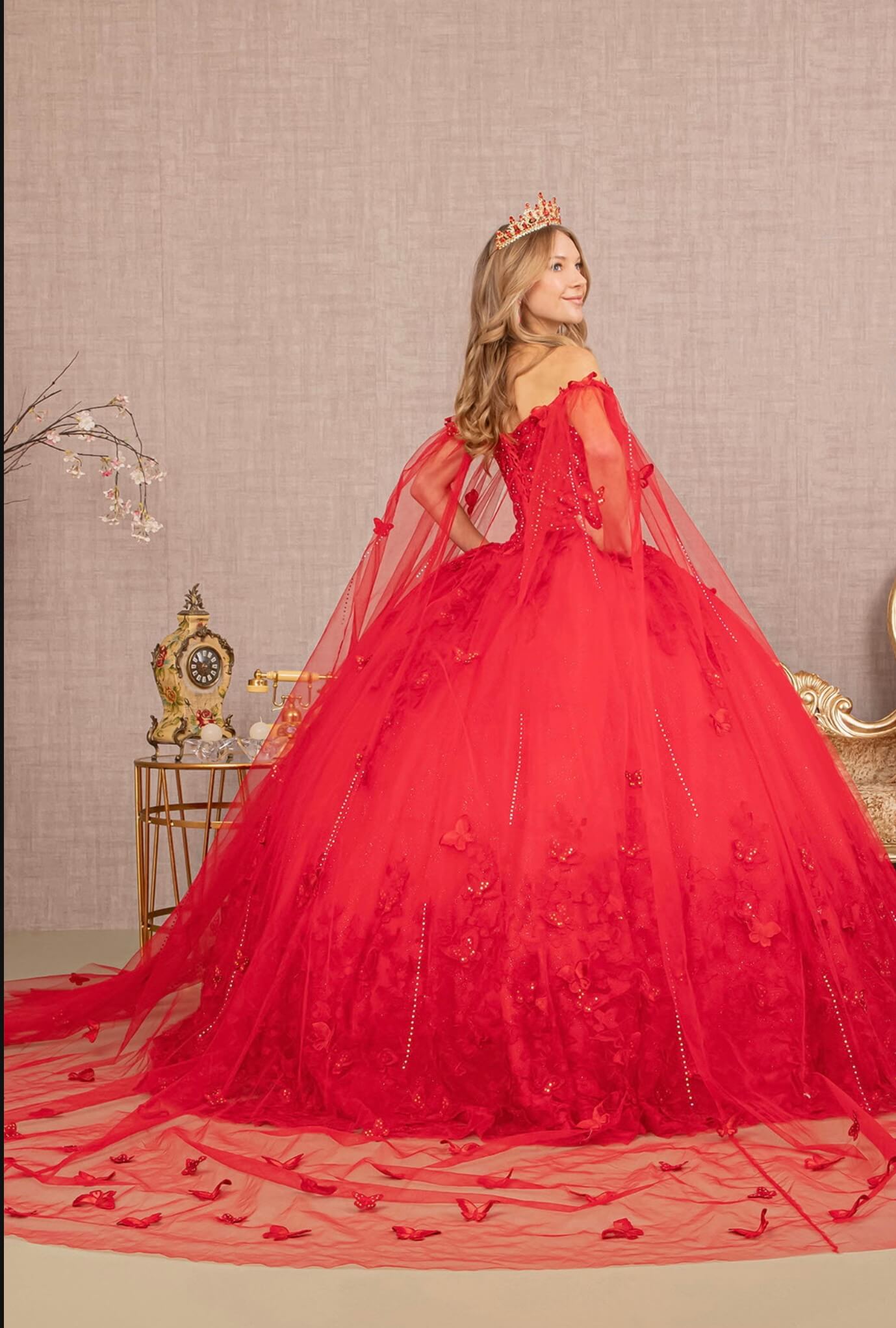 3D Butterfly Applique Glitter Quinceanera Gown w/ Long Mesh Layer GL3110 (GLS) by Elizabeth K